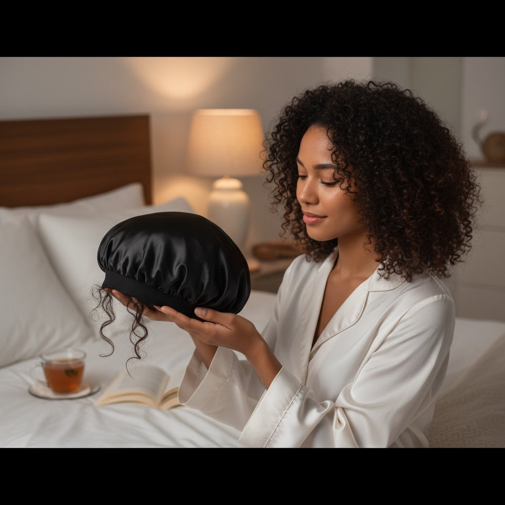Satin Silk Bonnet for Sleeping, Double Layer Silk Sleep Cap for Men & Women, Soft Satin Lined Bonnet for Natural & Curly Hair(Black)