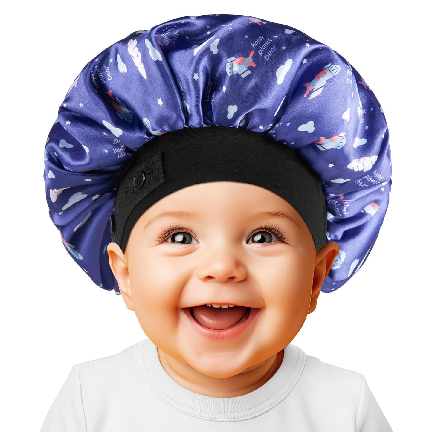 Baby Bonnet, Soft Silk Satin Bonnet for Girls Boys, Double Layer & Wide Elastic Band Sleeping Cap, Adjustable Night Hat for Toddler Child Natural Hair Curly Hair (Blue Spaceship)