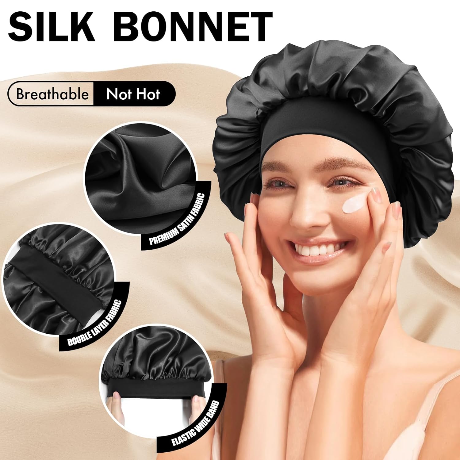 Satin Silk Bonnet for Sleeping, Double Layer Silk Sleep Cap for Men & Women, Soft Satin Lined Bonnet for Natural & Curly Hair(Black)