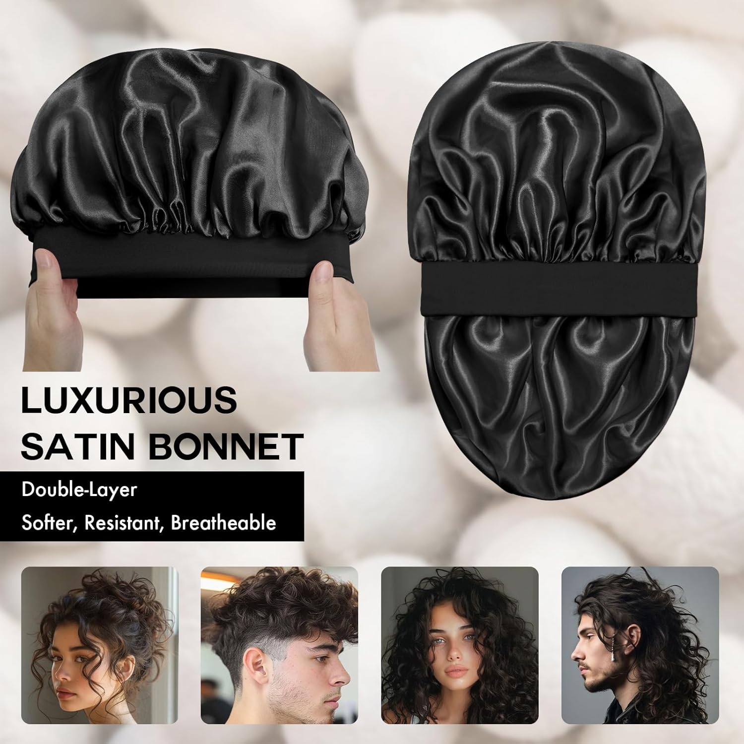 Satin Silk Bonnet for Sleeping, Double Layer Silk Sleep Cap for Men & Women, Soft Satin Lined Bonnet for Natural & Curly Hair(Black)