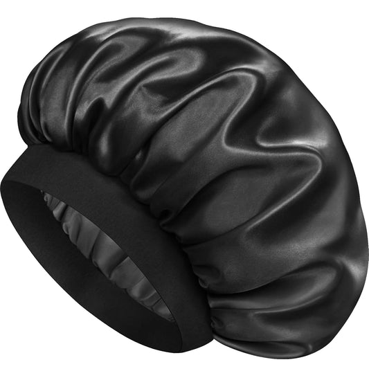 Satin Silk Bonnet for Sleeping, Double Layer Silk Sleep Cap for Men & Women, Soft Satin Lined Bonnet for Natural & Curly Hair(Black)