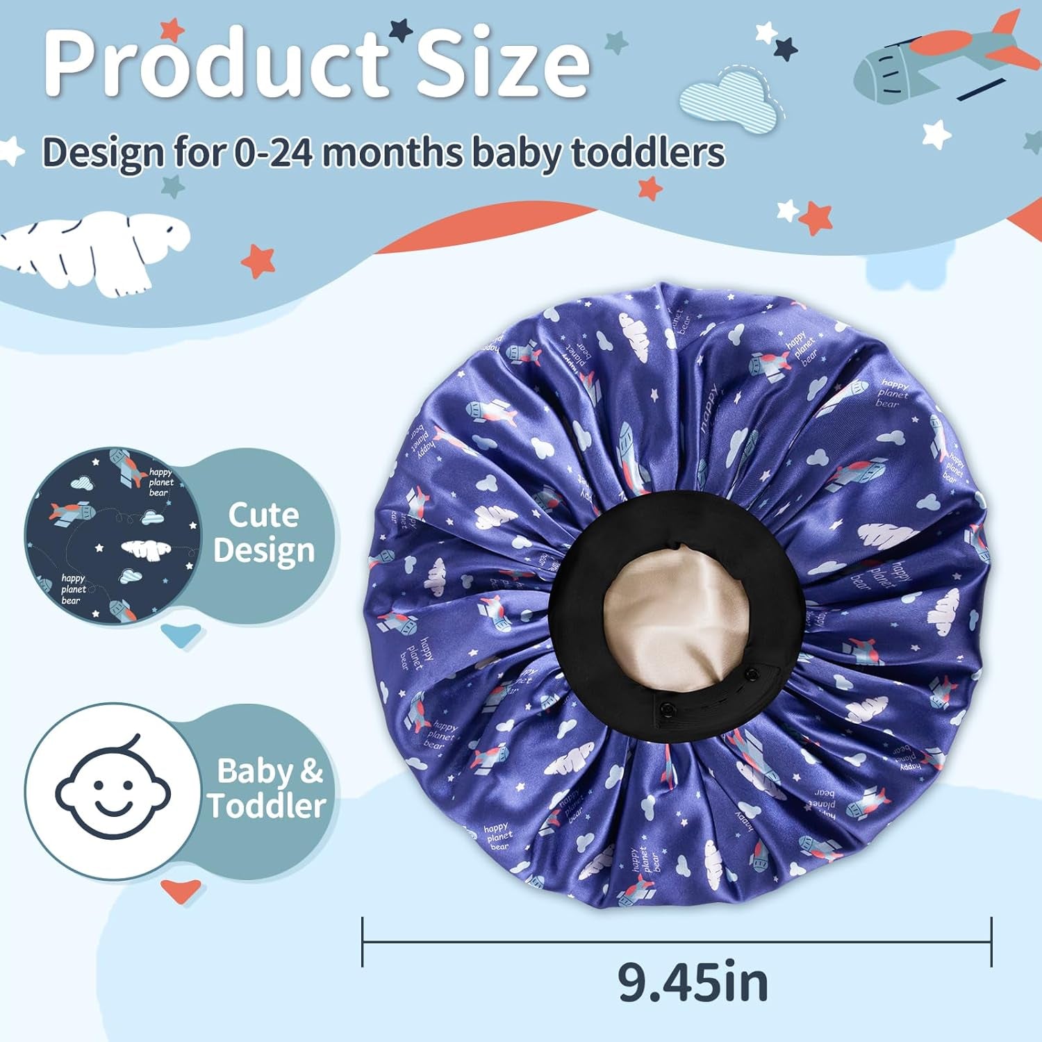 Baby Bonnet, Soft Silk Satin Bonnet for Girls Boys, Double Layer & Wide Elastic Band Sleeping Cap, Adjustable Night Hat for Toddler Child Natural Hair Curly Hair (Blue Spaceship)
