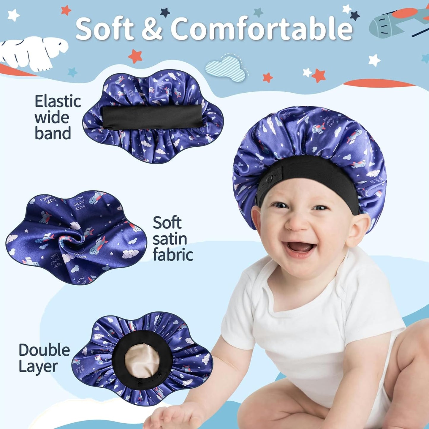 Baby Bonnet, Soft Silk Satin Bonnet for Girls Boys, Double Layer & Wide Elastic Band Sleeping Cap, Adjustable Night Hat for Toddler Child Natural Hair Curly Hair (Blue Spaceship)