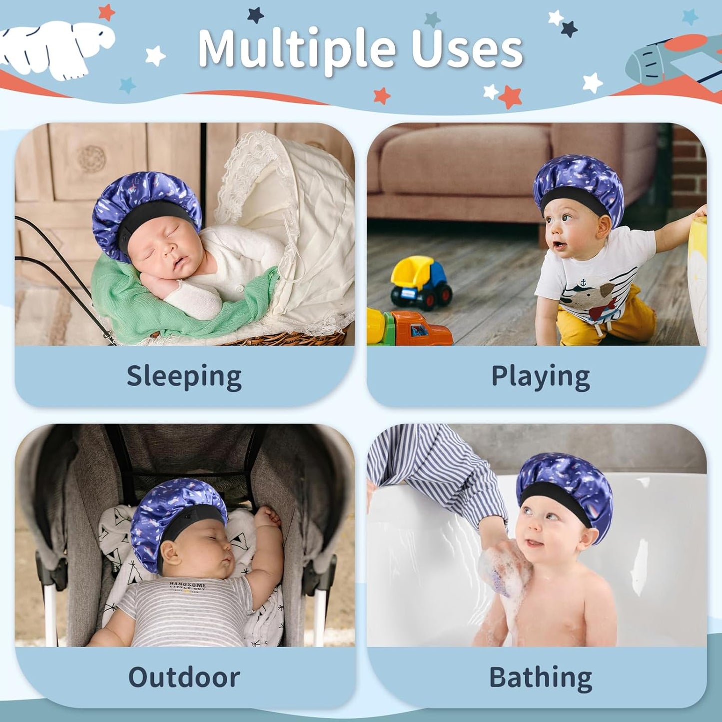 Baby Bonnet, Soft Silk Satin Bonnet for Girls Boys, Double Layer & Wide Elastic Band Sleeping Cap, Adjustable Night Hat for Toddler Child Natural Hair Curly Hair (Blue Spaceship)