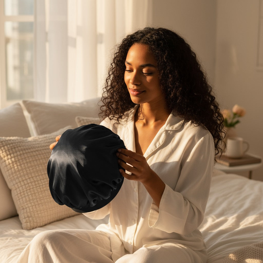 Satin Silk Bonnet for Sleeping, Double Layer Silk Sleep Cap for Men & Women, Soft Satin Lined Bonnet for Natural & Curly Hair(Black)